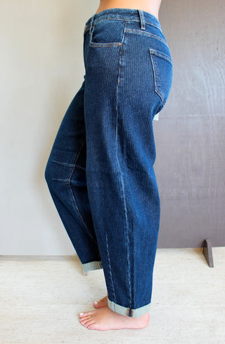 Rocelyn Pinstripe Barrel Jean • Dark Wash