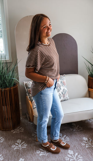 Stripe-aholic Scallop Top • Brown
