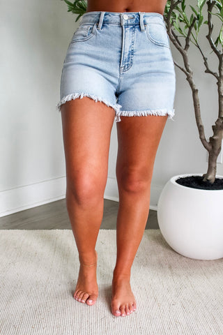 Alessia Frayed Hem Shorts | Tummy Control • Light Wash