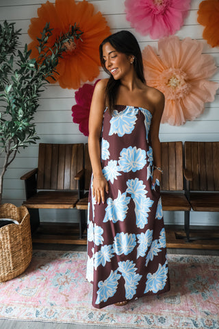 Floral Escape Strapless Maxi • Brown/Blue