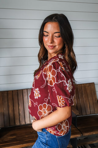 Fall In Bloom Embroidered Top • Wine