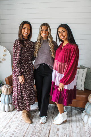 Twirl Around Ruffle Dress • Wine Multi