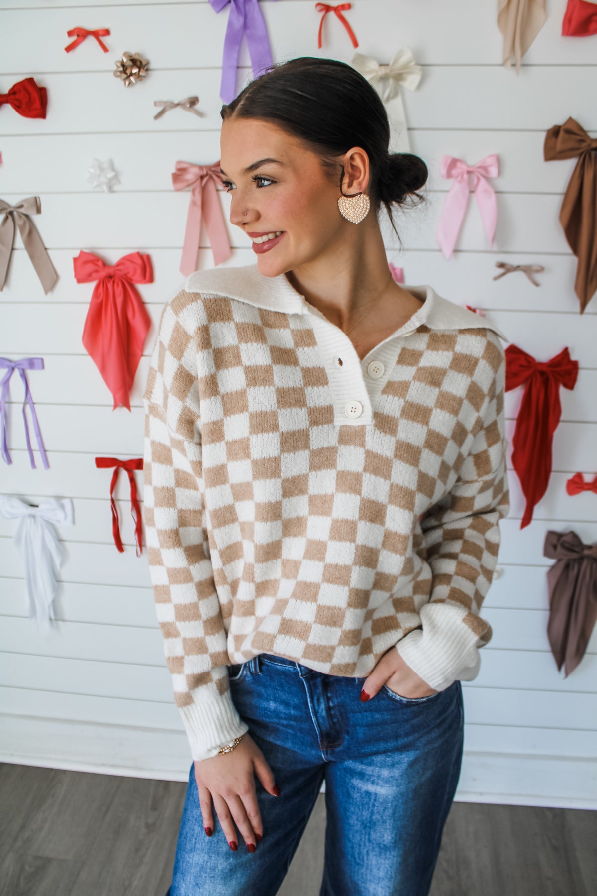 Double Shot Checkered Sweater • Warm Beige