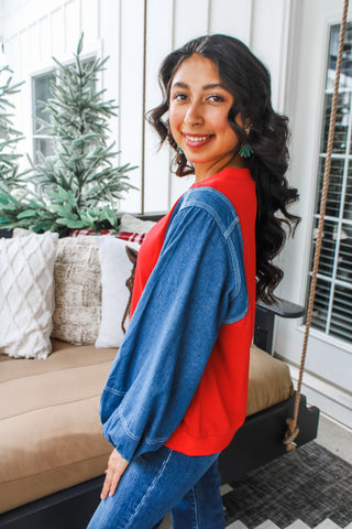 Christmas Cabin Denim Top • Red - FINAL SALE