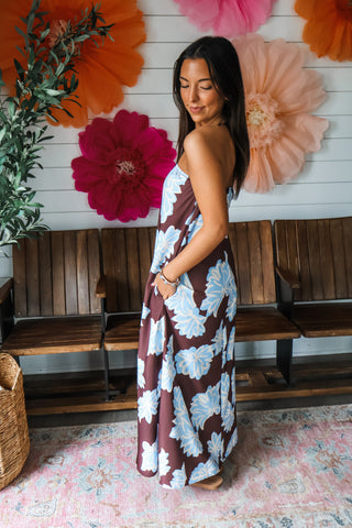 Floral Escape Strapless Maxi • Brown/Blue