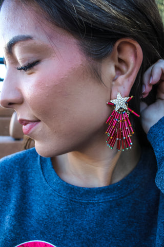 Tinsel & Tassel Christmas Tree Earrings • Red