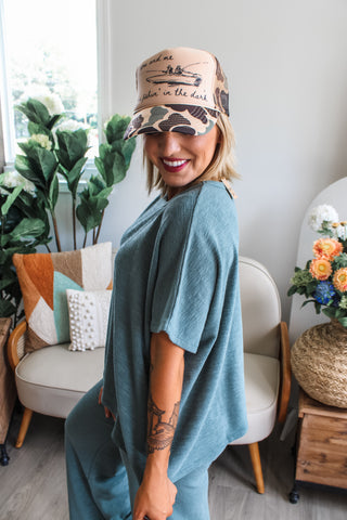 Fishin’ In The Dark Trucker Hat • Camo/Tan