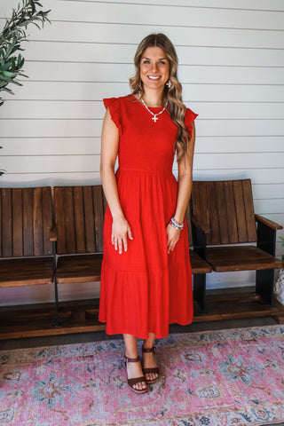 Beautiful Bliss Ruffle Midi • Red