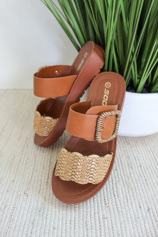 Aster Raffia Buckle Strap Sandal • Cognac