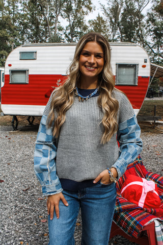 Gift Giving Denim Sleeve Sweater • Grey