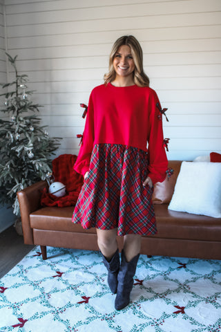 Mistletoe Memories Bow Sleeve Dress • Red Plaid