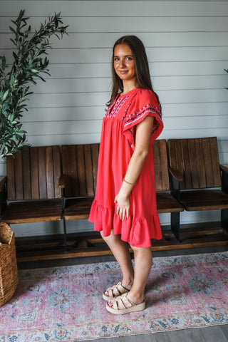 Island Sunsets Embroidered Dress • Coral