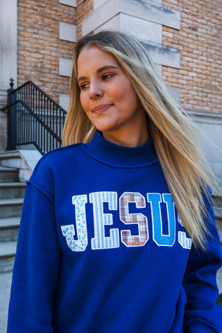 Jesus Printed Patchwork Pullover • Navy