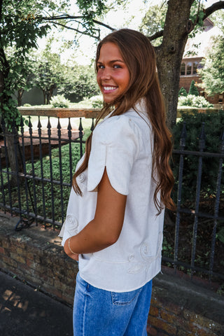 Lily Embroidered Linen Top • Oatmeal