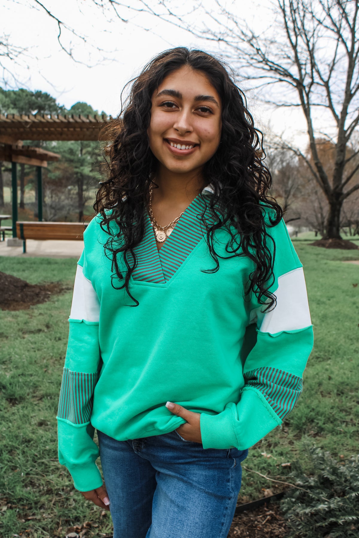 Leighton Polo Striped Pullover • Green