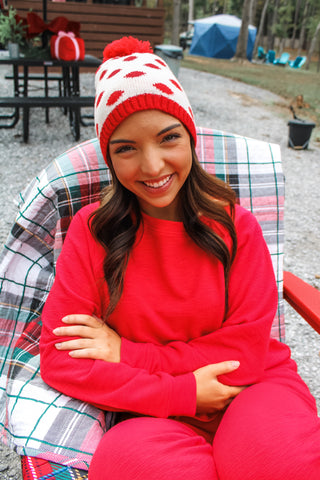 Fresh Fallen Snow Pom Beanie • Red Mix