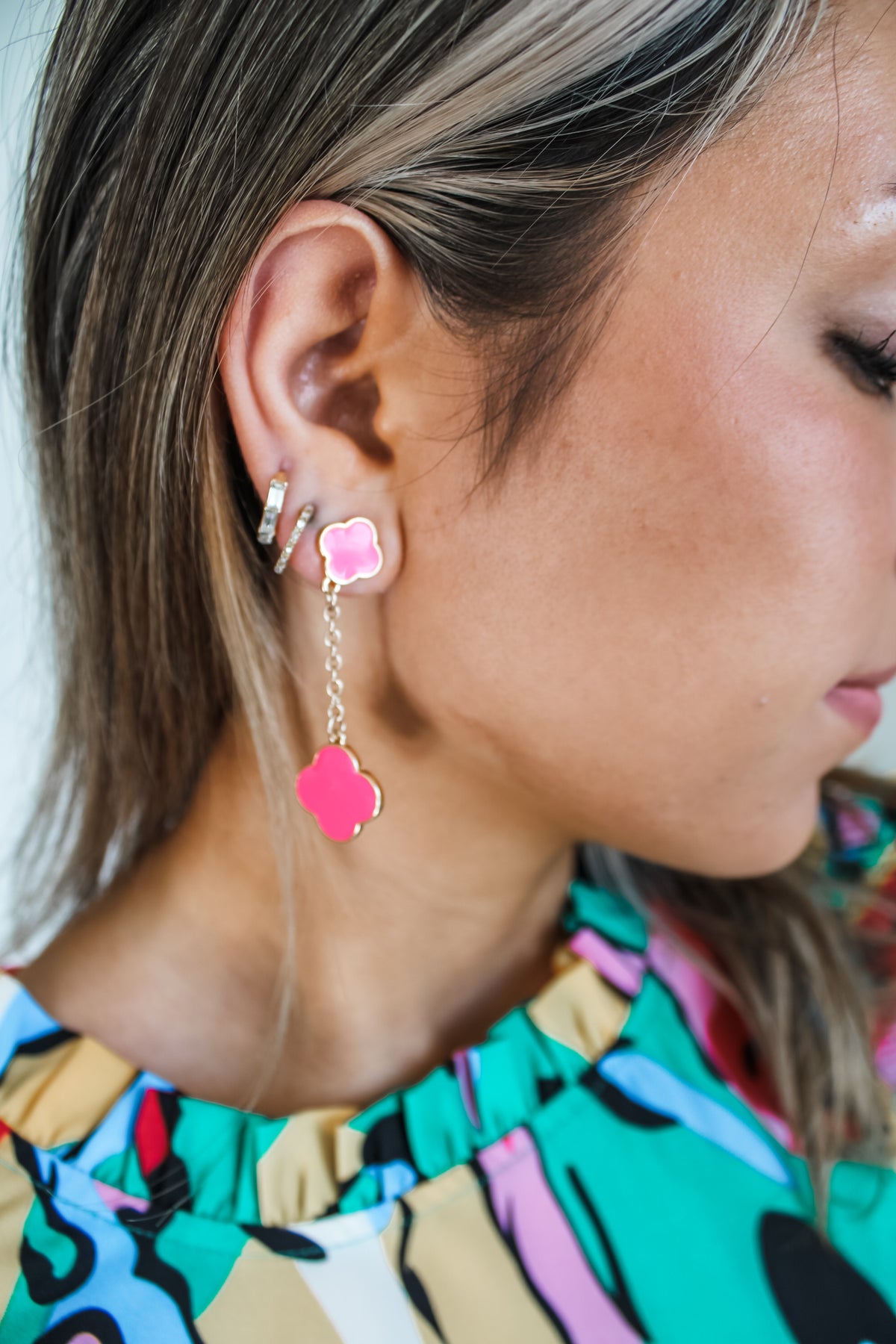 Charming Clover Enamel Earrings • Neon Pink