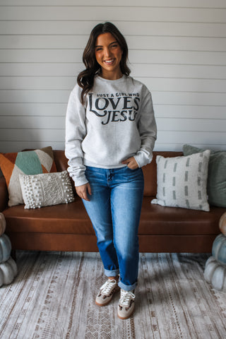 Just A Girl Who Loves Jesus Graphic Sweatshirt • Ash Grey