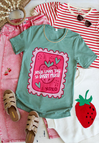 Jesus Loves You Berry Much Graphic Tee • Sage
