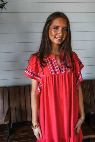Island Sunsets Embroidered Dress • Coral