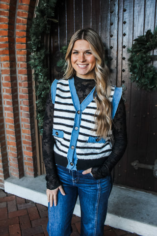 Layer With Edge Denim Trim Vest • Black Stripe