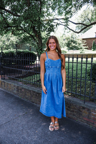 Denim Sweetheart Pleated Midi • Medium Wash