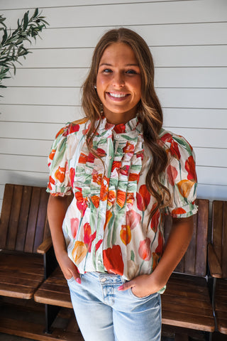 Tulip Fields Ruffle Top • Red Floral