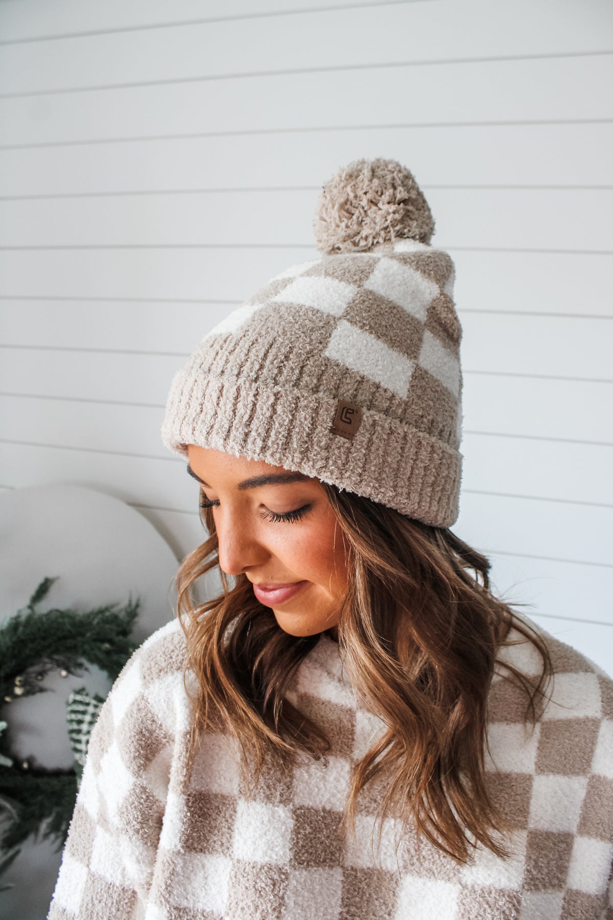 Snuggle Season Checkered Beanie • Beige