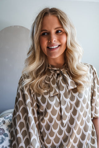 Fall Frenzy 1 • Taupe Satin Bow Blouse - FINAL SALE