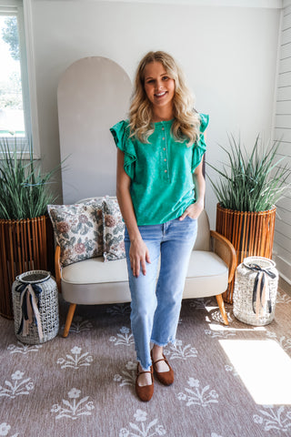 Fall Frenzy 9 • Green Ruffle Sleeve Henley - FINAL SALE