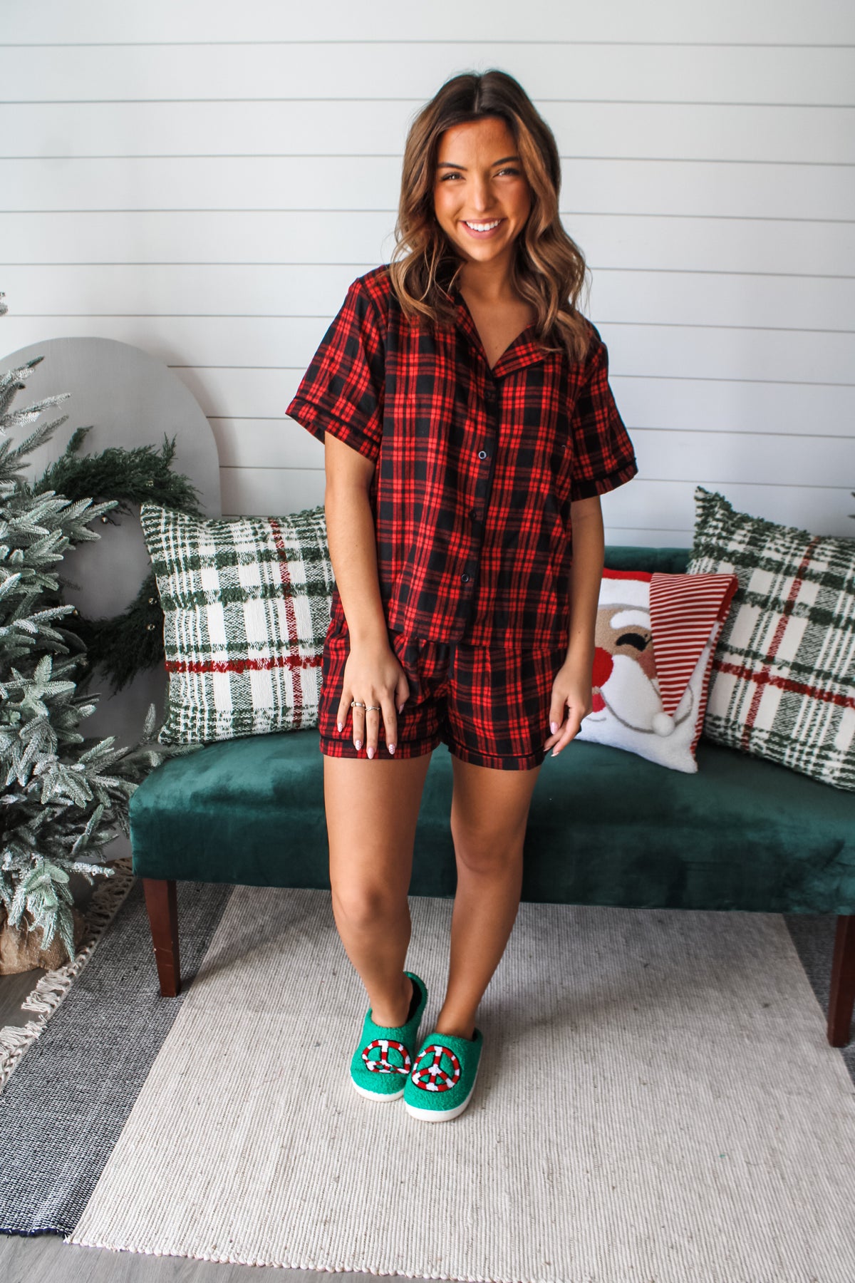 Mistletoe Magic Shorts Set • Red Plaid