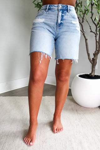 Charlie Distressed Shorts | Tummy Control • Light Wash