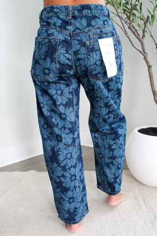 Ainslee Floral Print Barrel Jean • Dark Wash