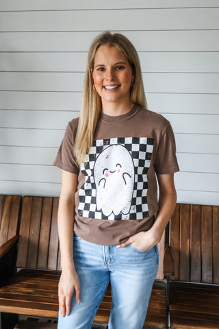Friendly Ghost Checkerboard Graphic Tee • Mocha
