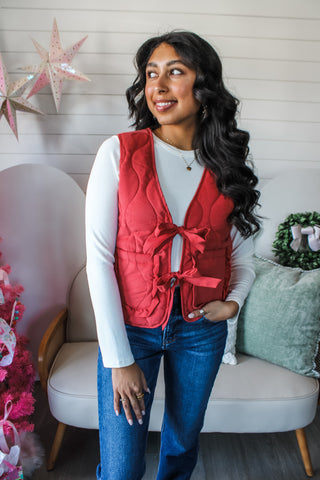 Tie It Together Quilted Bow Vest • Pale Red