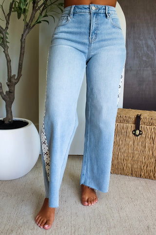 Ariana Floral Lace Wide Leg • Light Wash
