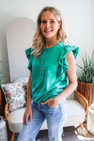 Fall Frenzy 9 • Green Ruffle Sleeve Henley - FINAL SALE