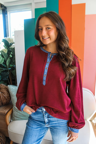 Gameday Henley • Burgundy/Denim