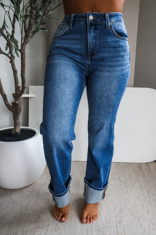 Leah • cuffed straight fit• medium wash denim