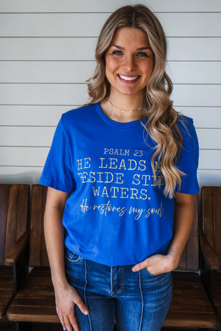 He Leads Me Beside Still Waters Graphic Tee • Blue