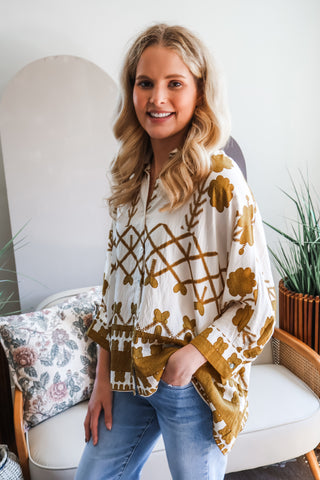 Fall Frenzy 26 • Mustard Print Dolman Blouse  - FINAL SALE