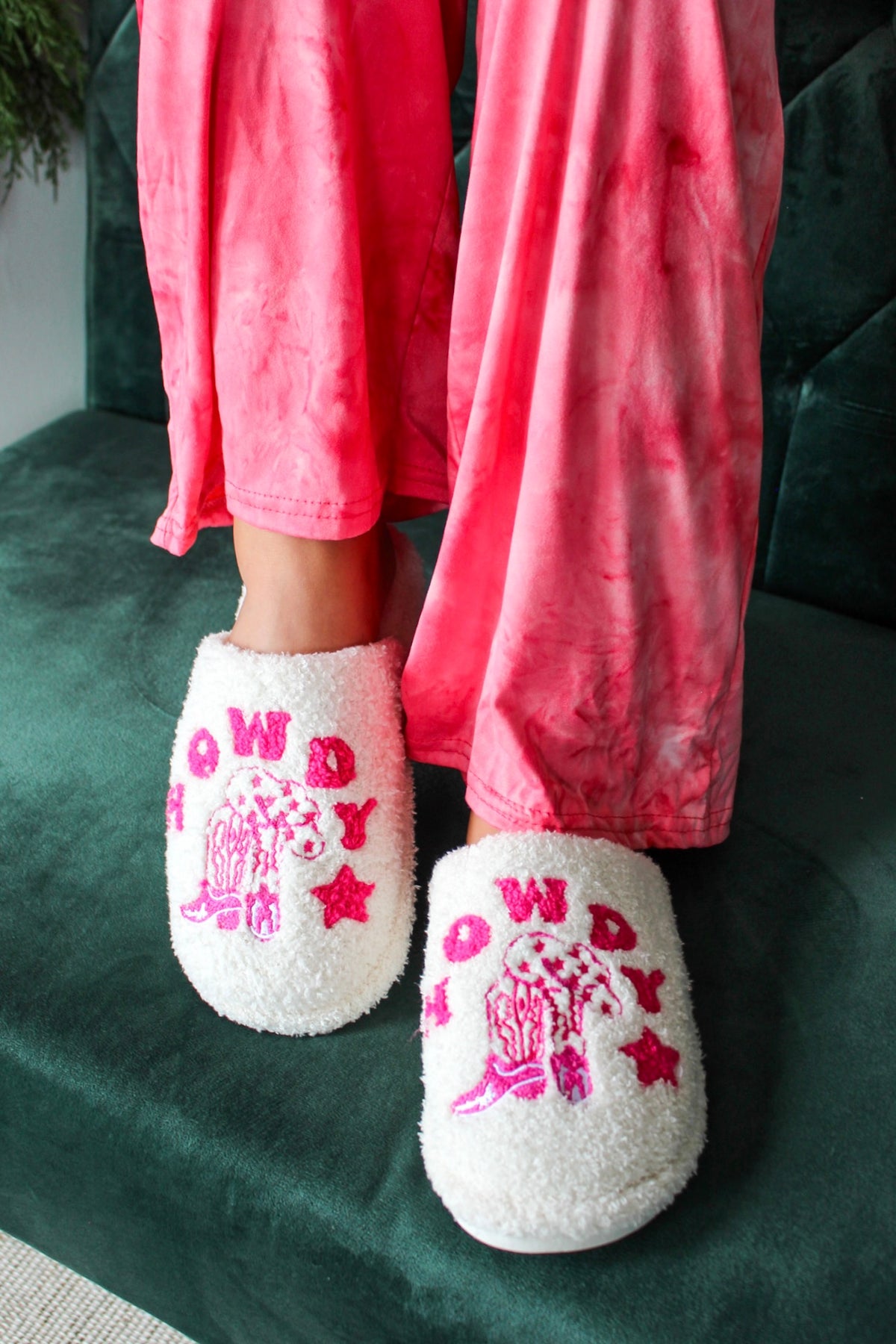 Howdy Cowgirl Embroidered Slippers • Hot Pink