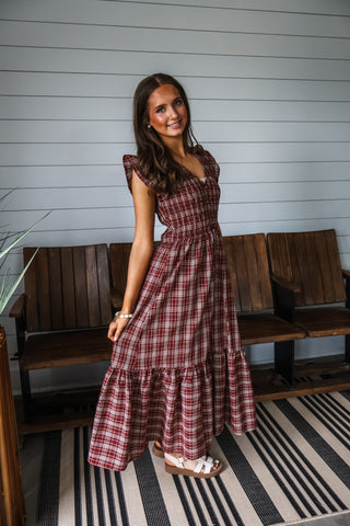 Plaid Perfection Ruffle Midi • Wine