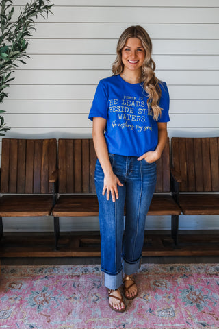 He Leads Me Beside Still Waters Graphic Tee • Blue