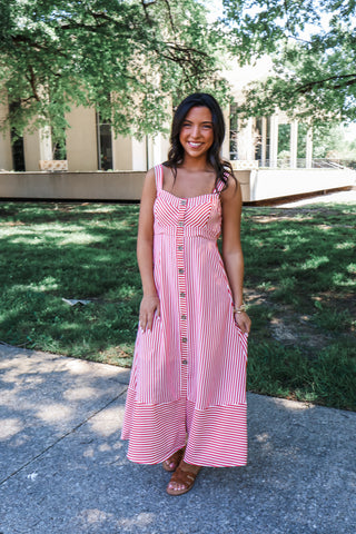 Daytime Social Striped Midi • Tomato