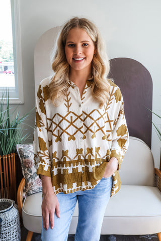 Fall Frenzy 26 • Mustard Print Dolman Blouse  - FINAL SALE