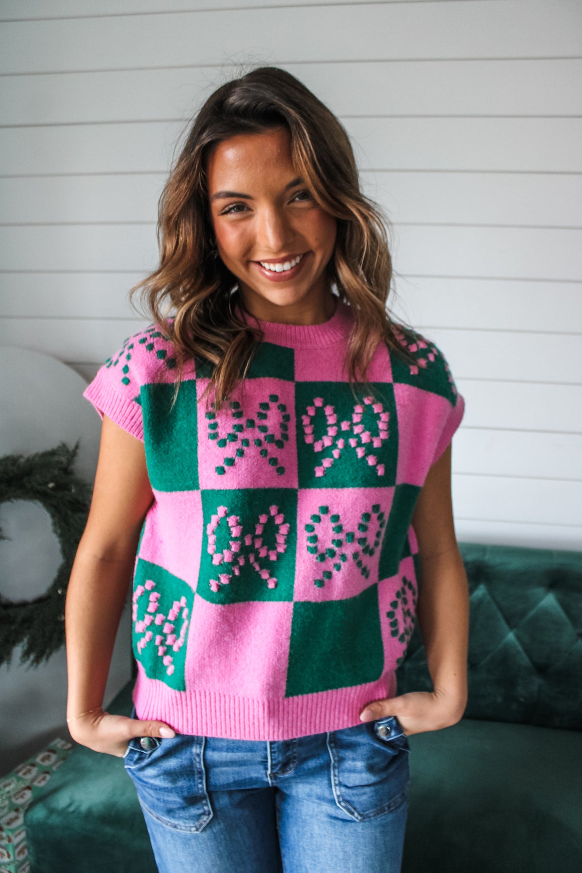 Happiest Season Bow Check Sweater • Pink/Green