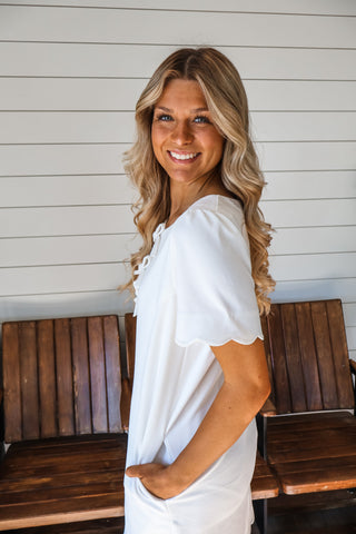 Prim & Pretty Scallop Shift Dress • White - FINAL SALE