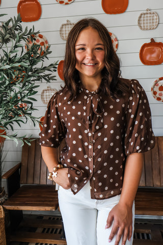 Polka Dot Perfection Bow Blouse • Brown
