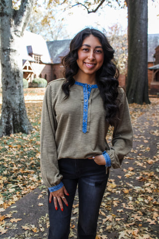 Merry Meadows Henley • Olive/Denim